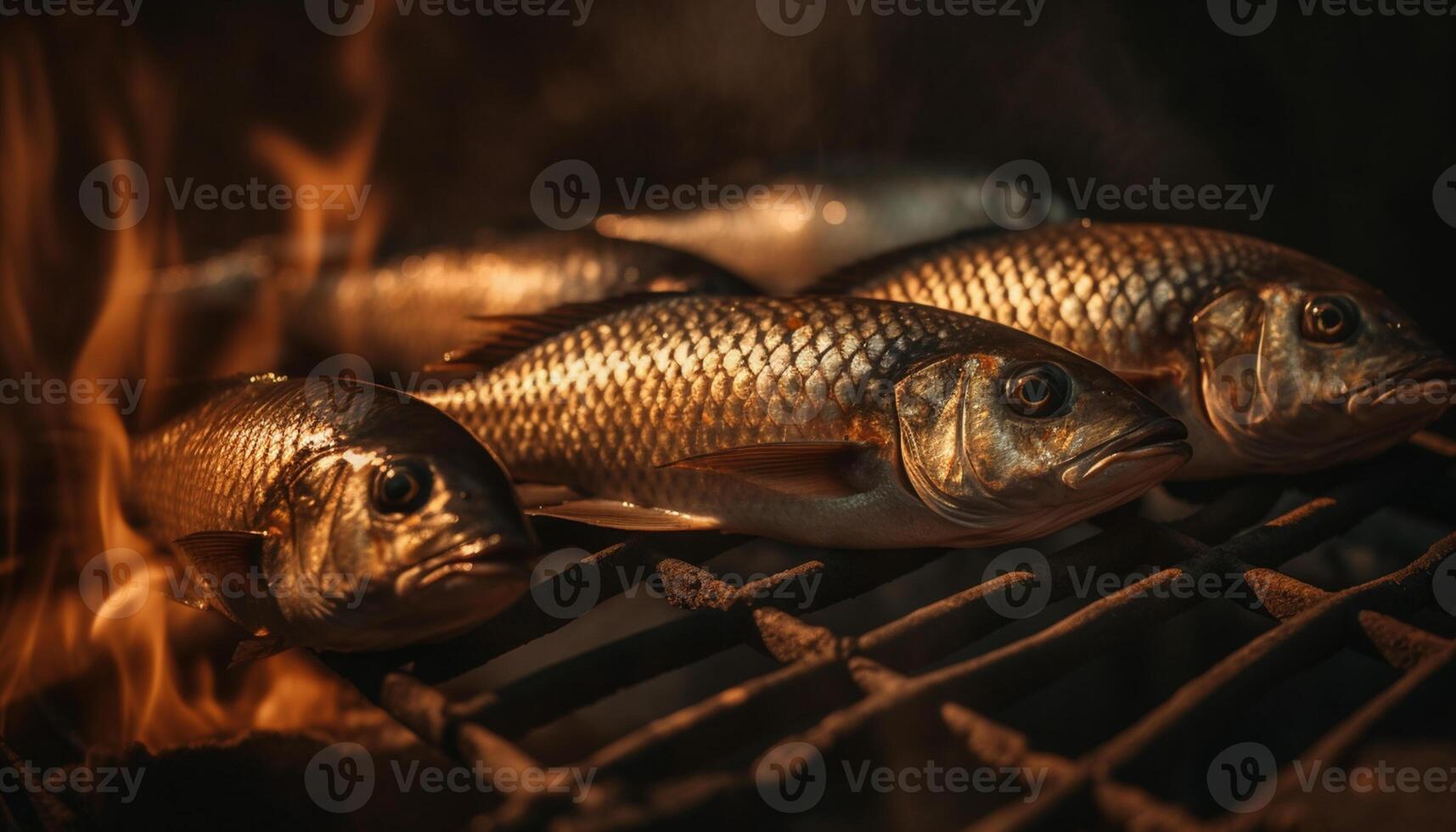 AI generated Grilled fish on barbecue, nature freshness and healthy eating generated by AI photo