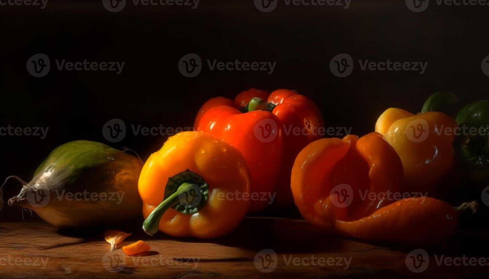 AI generated Fresh, healthy, organic vegetables on wooden table, vibrant colors, autumn season generated by AI photo