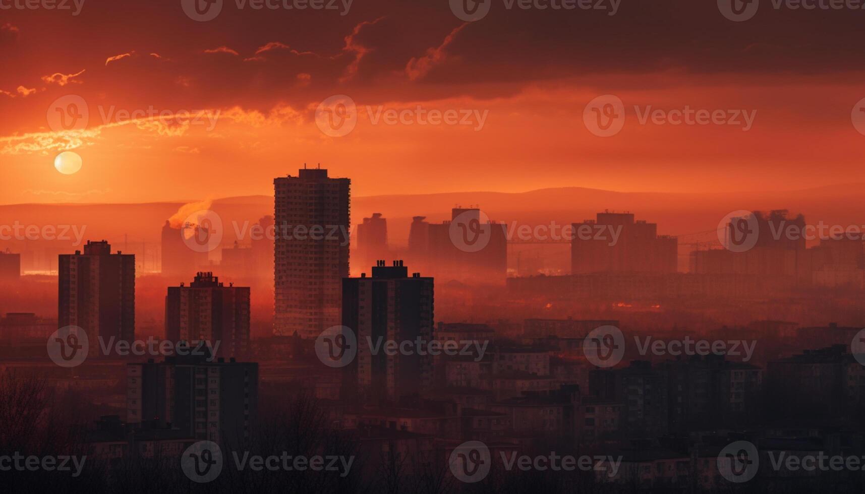 AI generated Silhouette skyscrapers illuminate city skyline at dusk, reflecting sunset beauty generated by AI photo