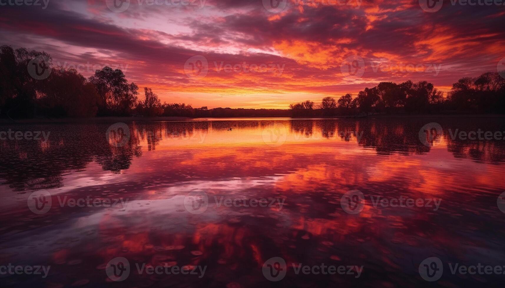 AI generated Sunset over water, reflecting vibrant colors in tranquil nature scene generated by AI photo