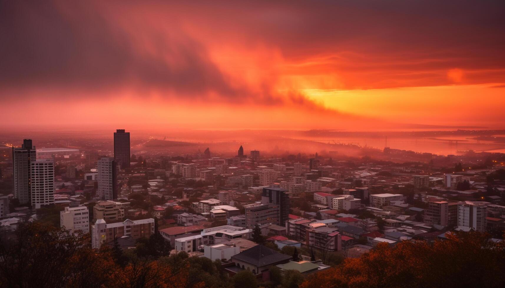 ai generado puesta de sol terminado paisaje urbano, otoño oscuridad, rascacielos iluminar urbano horizonte a noche generado por ai foto