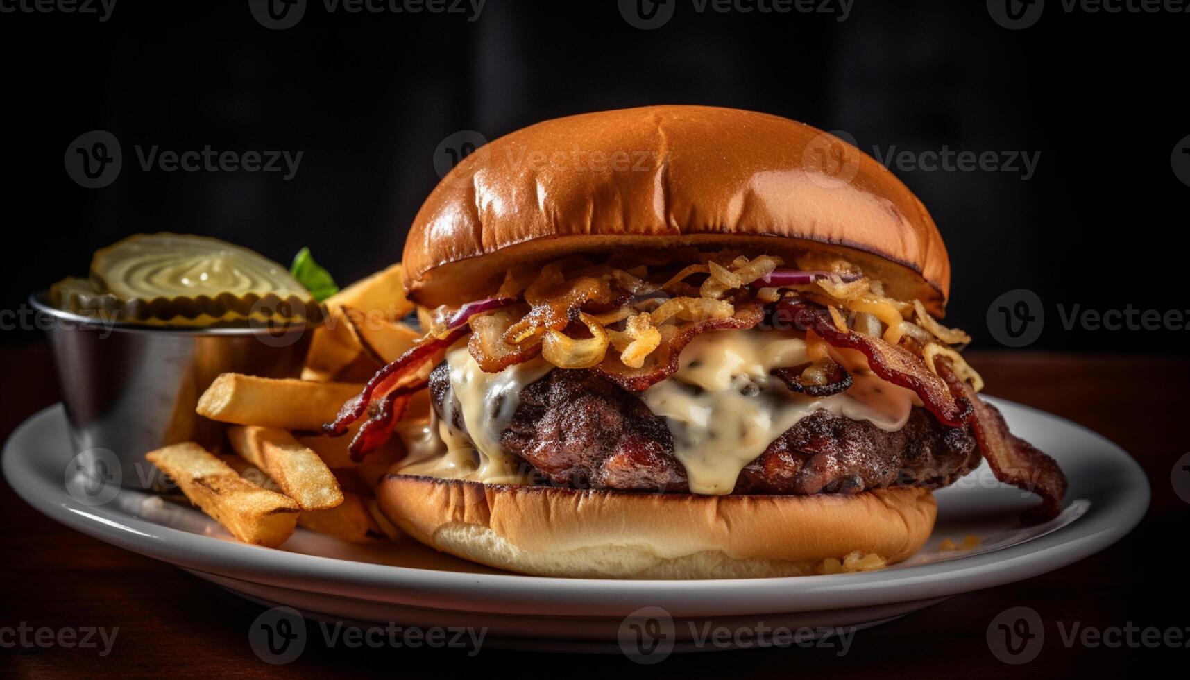 AI generated Grilled burger, fries, cheese, onion, tomato, coleslaw, pulled pork, ketchup generated by AI photo