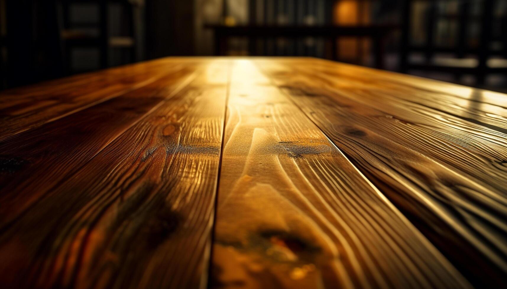 AI generated Wooden table in a dark room with rustic plank design generated by AI photo