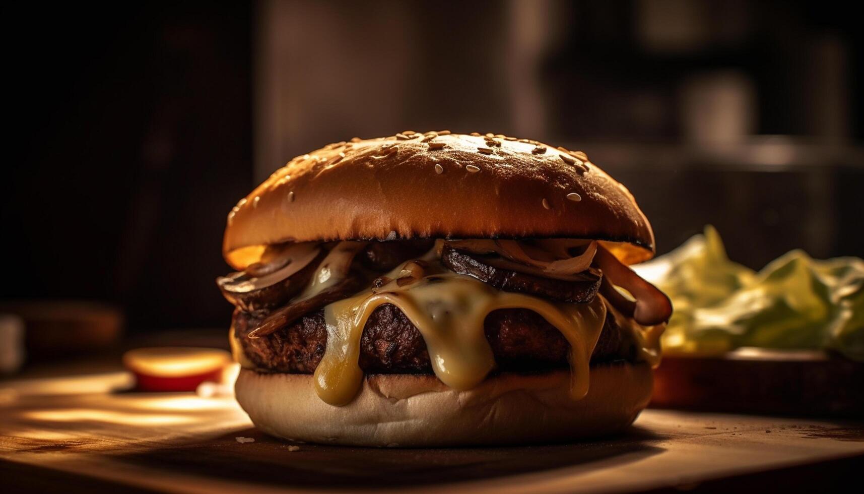 AI generated Grilled gourmet burger on a rustic wooden table, ready to eat generated by AI photo