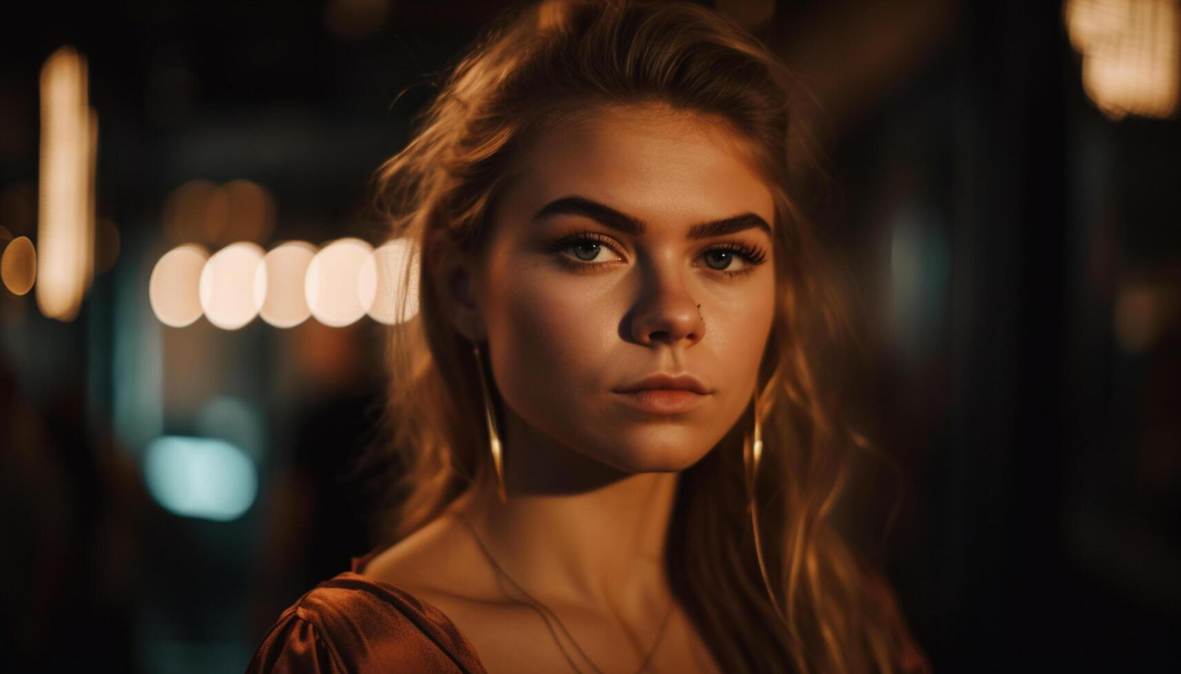AI generated One woman looking indoors of a cute young adult generated by AI photo