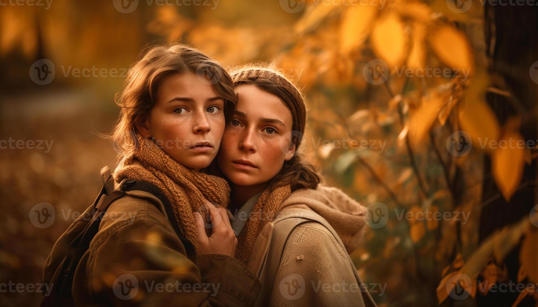AI generated Young adults in warm clothing embrace, smiling, surrounded by autumn leaves generated by AI photo