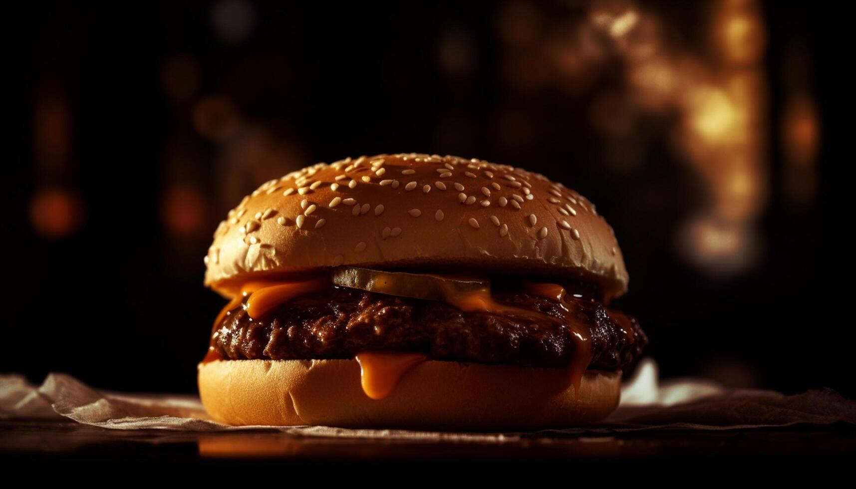 AI generated Grilled beef burger on a rustic wooden table, ready to eat generated by AI photo