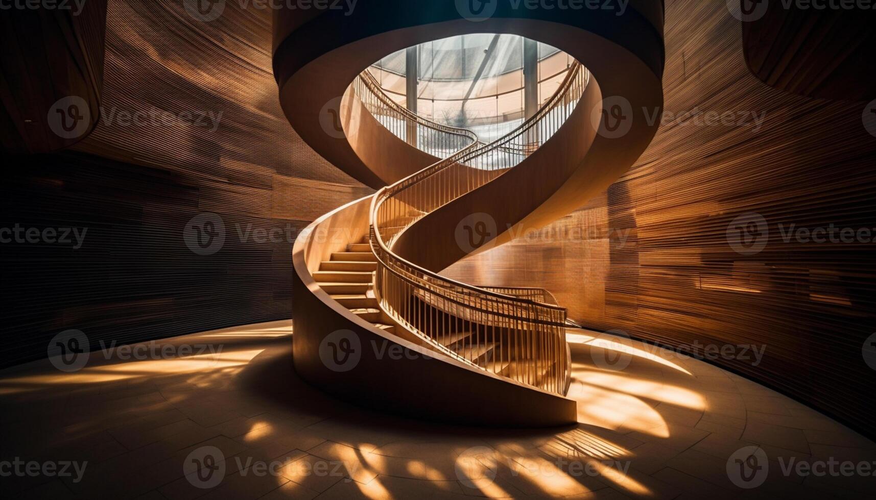 AI generated Abstract modern design Spiral staircase curves, illuminating empty, bright, futuristic building generated by AI photo