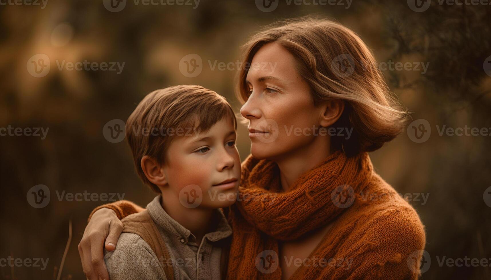 AI generated Two boys embracing their mother in a forest during autumn generated by AI photo