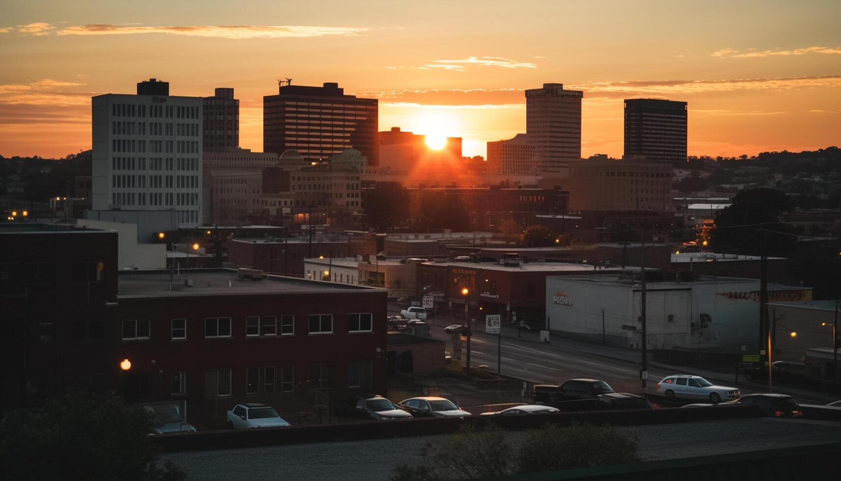 AI generated Cityscape at dusk, sunset paints the urban skyline with skyscrapers generated by AI photo
