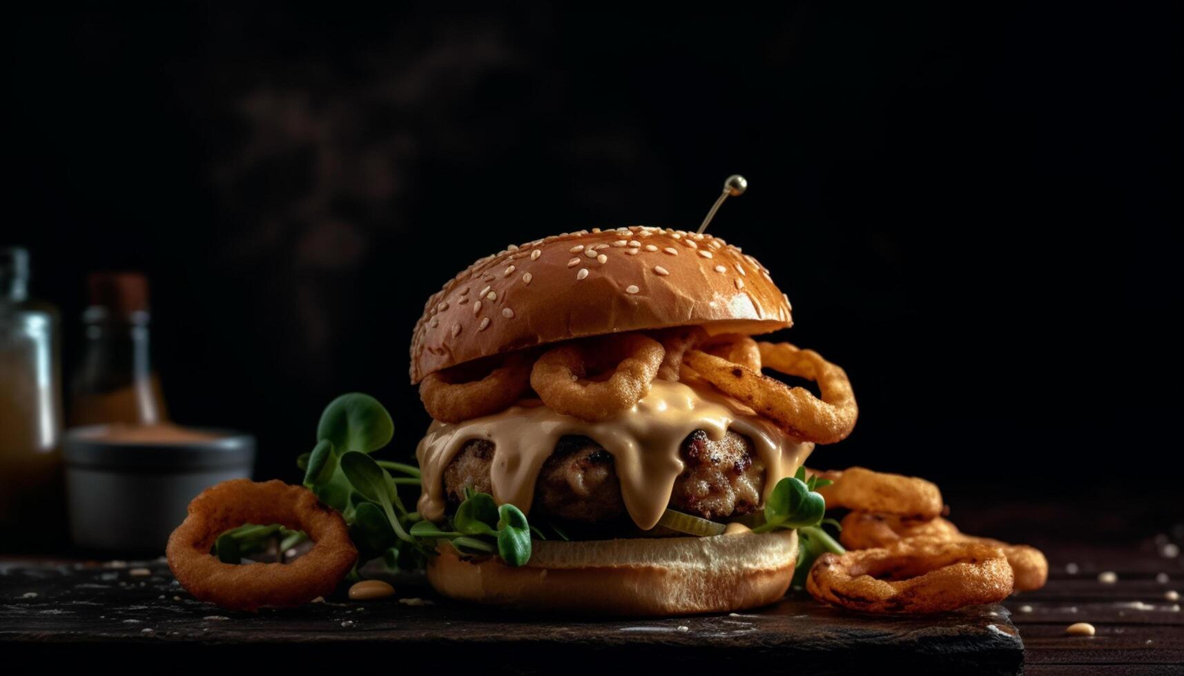 AI generated Grilled gourmet burger on dark wood table, ready to eat and delicious generated by AI photo