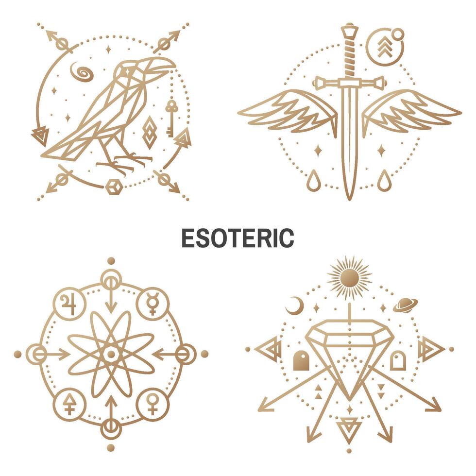Esoteric symbols. Vector Thin line geometric badge. Outline icon for alchemy or sacred geometry. Mystic and magic design with crow and galaxy, dagger and wings, crystals, atom