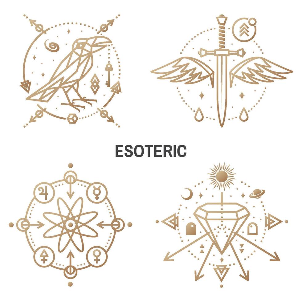 esotérico simbolos vector Delgado línea geométrico insignia. contorno icono para alquimia o sagrado geometría. místico y magia diseño con cuervo y galaxia, daga y alas, cristales, átomo