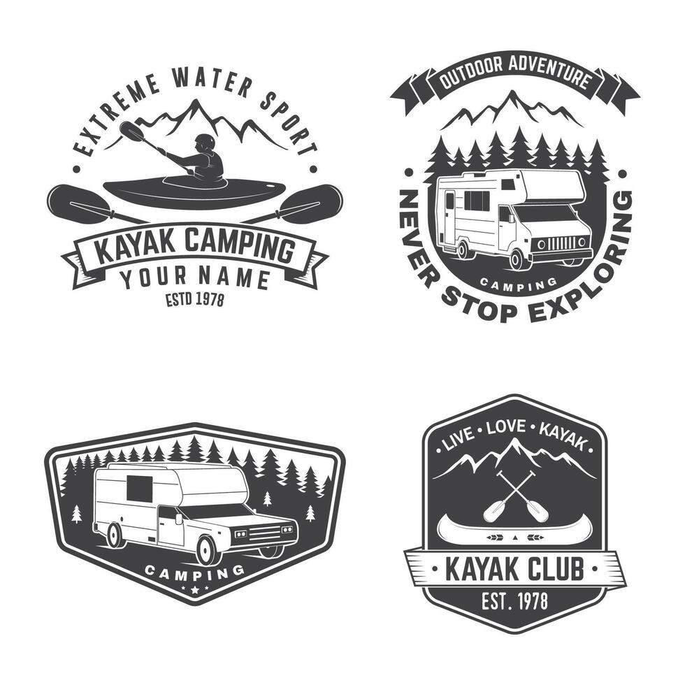 conjunto de verano acampar, canoa y kayac club insignia. vector. concepto para camisa o logo, imprimir, estampilla, parche. Clásico tipografía diseño con kayakista, cámping carpa, bosque, montaña silueta vector