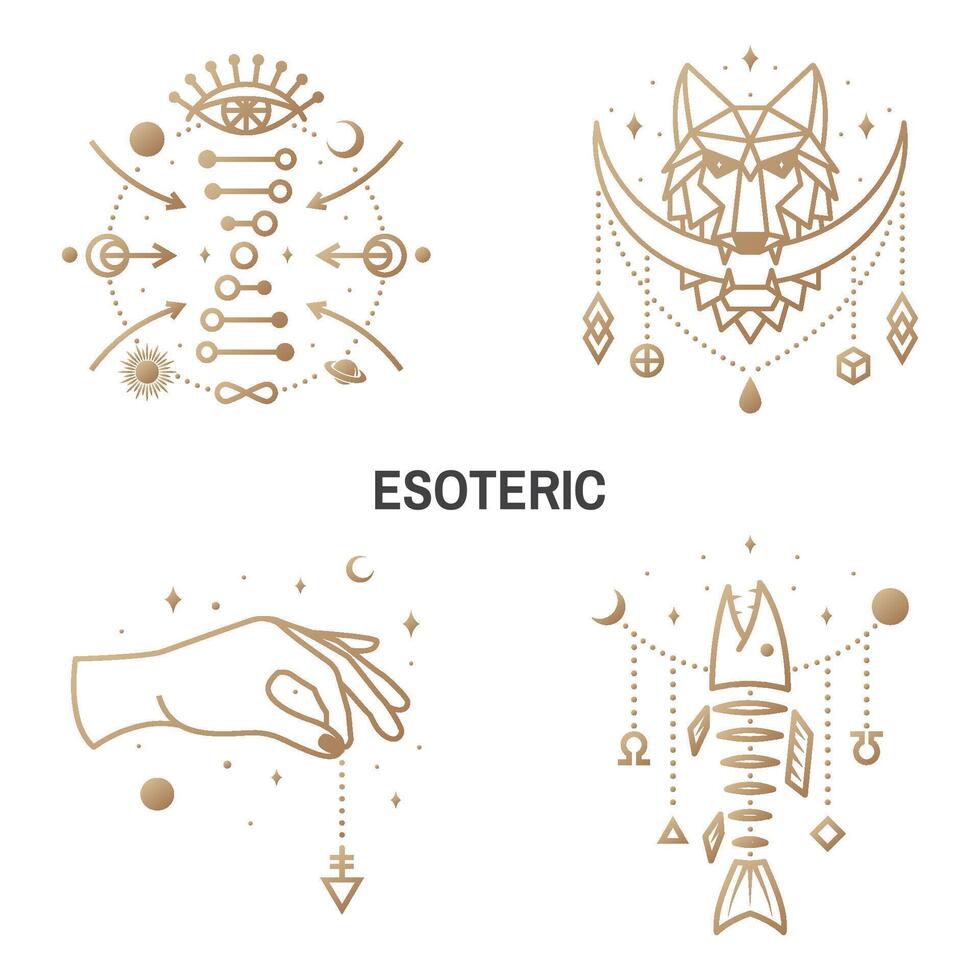 Esoteric symbols. Vector Thin line geometric badge. Outline icon for alchemy or sacred geometry. Mystic and magic design with moon in the mouth of a wolf, fish bone, all-seeing eye, dna, hand