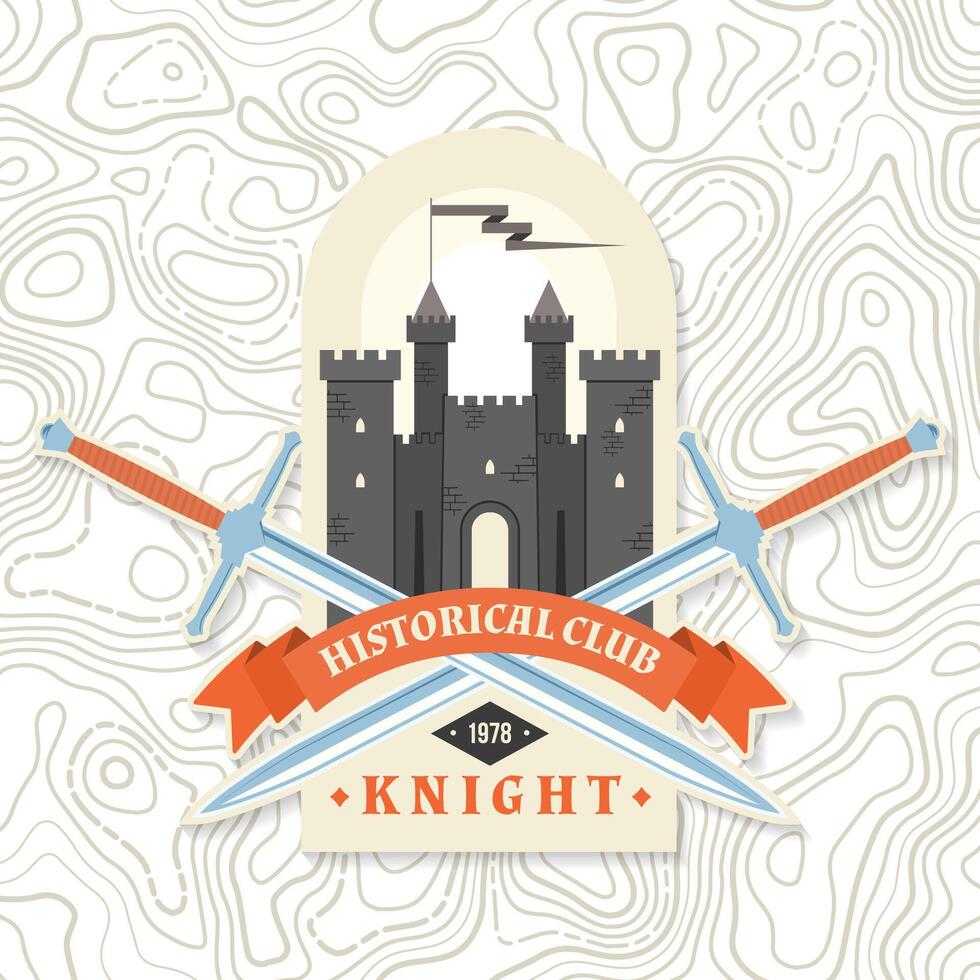 Knight historical club badge design. Vector illustration Concept for shirt, print, stamp, overlay or template. Vintage typography design with knight swords and castle silhouette.