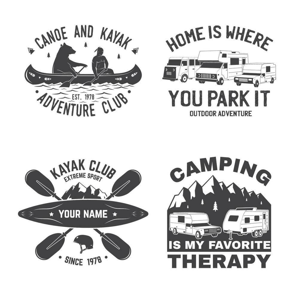 Set of Summer camp, canoe and kayak club badge. Vector. Concept for shirt or logo, print, stamp, patch. Vintage typography design with kayaker, camping tent, forest, mountain silhouette vector