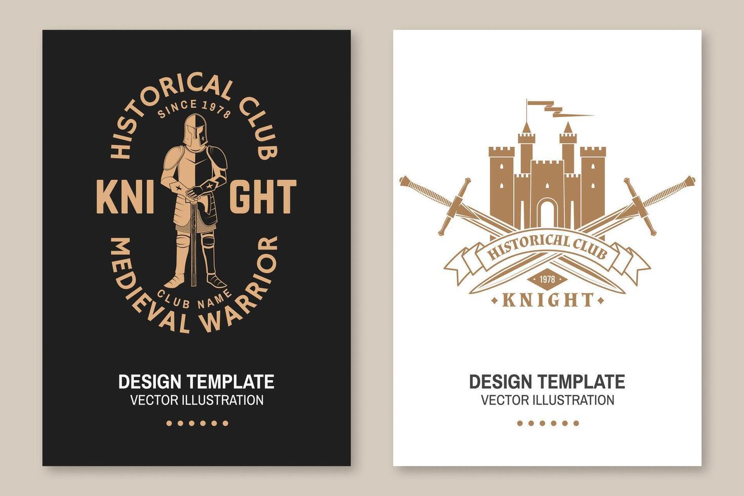 Knight historical club flyer, brochure, banner, poster. Vector Concept for shirt, print, stamp, overlay or template. Vintage typography design with medieval castle, knight and sword silhouette.