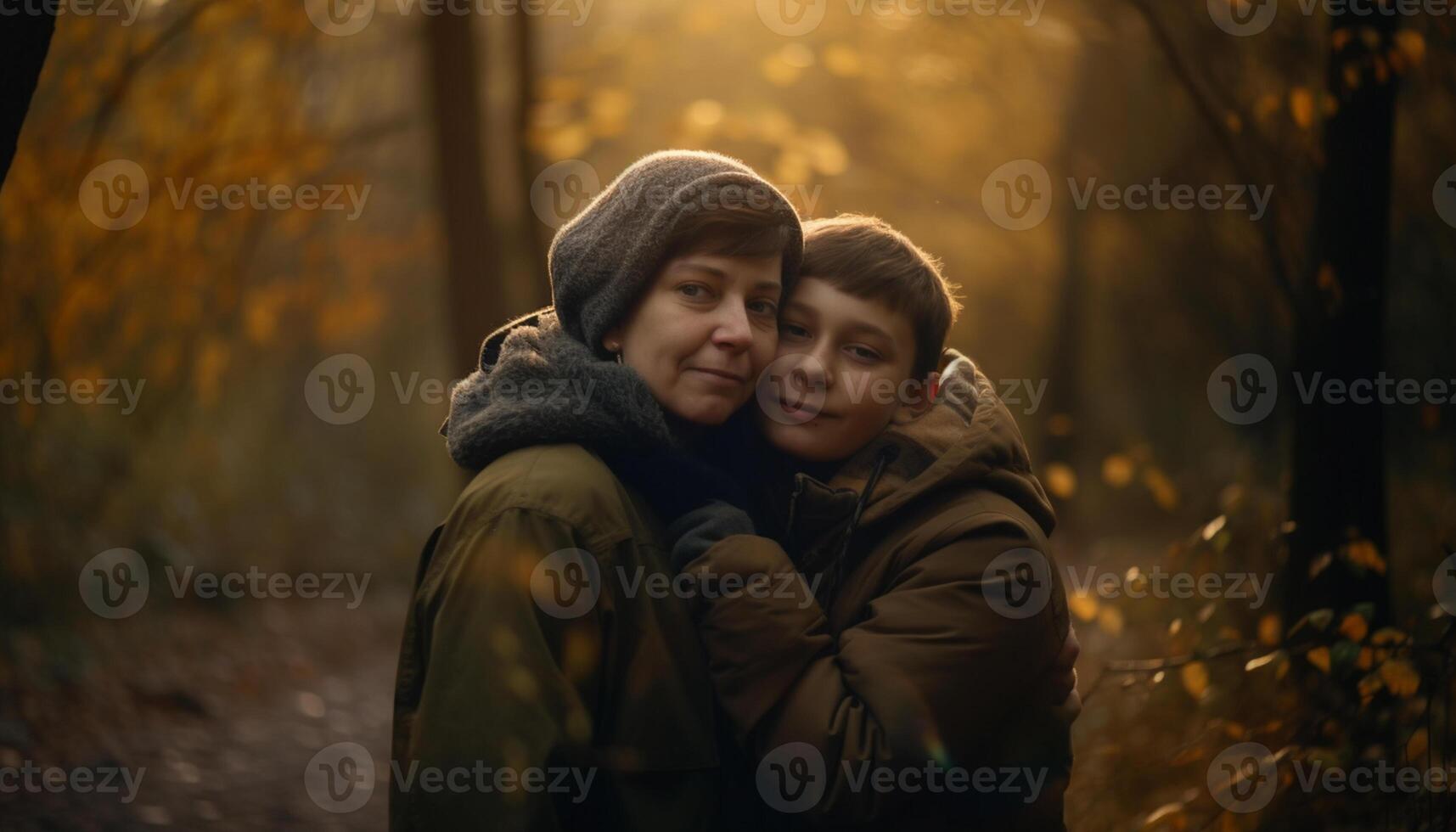 AI generated A happy family enjoying the autumn forest, embracing and smiling generated by AI photo