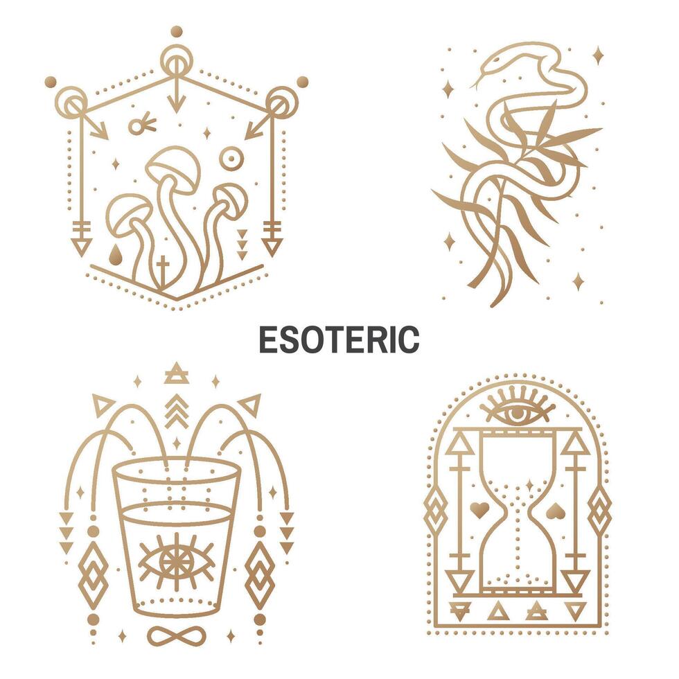 Esoteric symbols. Vector Thin line geometric badge. Outline icon for alchemy or sacred geometry. Mystic and magic design with alchemy symbols, mushrooms, snake, wildflower, hourglass, glass