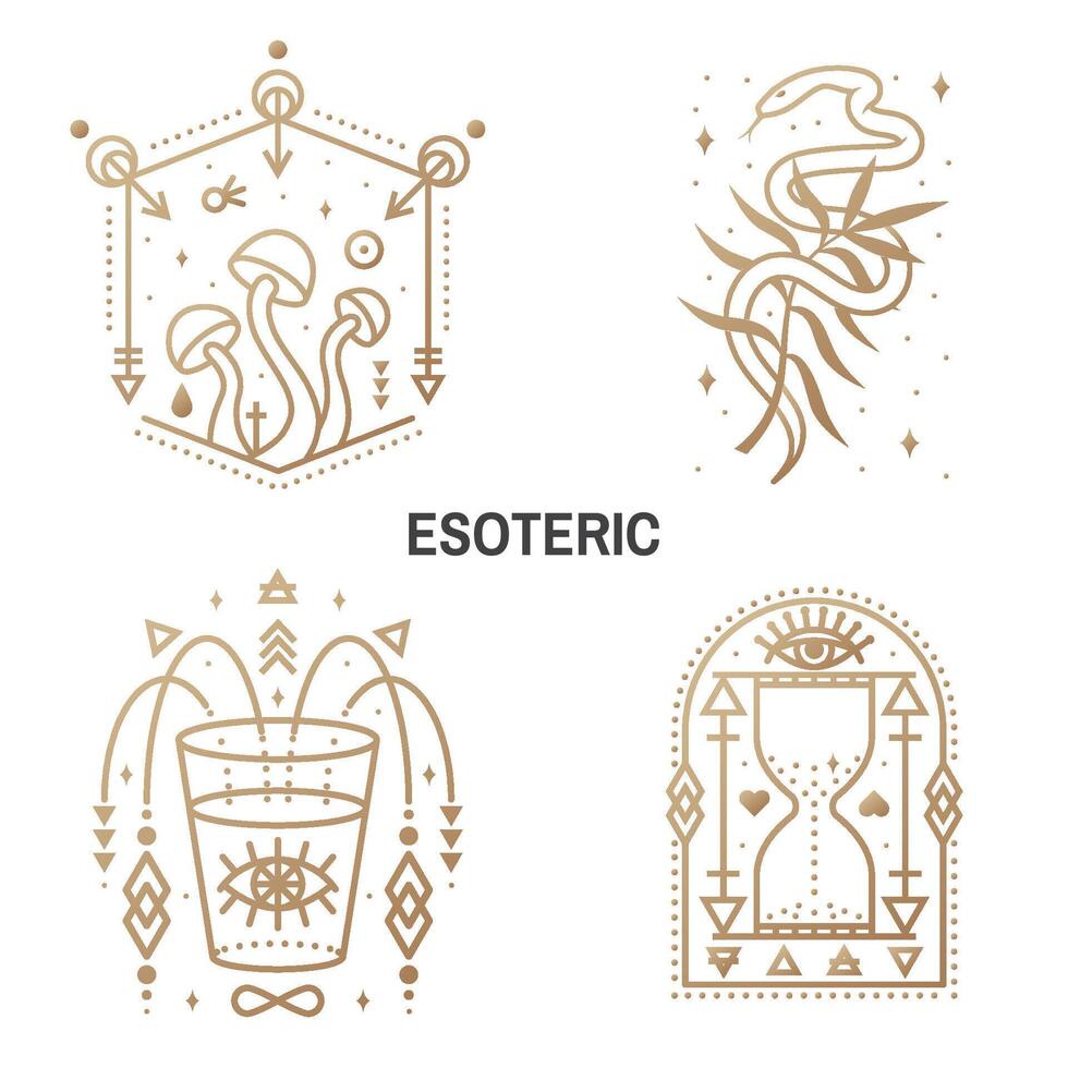 esotérico simbolos vector Delgado línea geométrico insignia. contorno icono para alquimia o sagrado geometría. místico y magia diseño con alquimia símbolos, hongos, serpiente, flor silvestre, reloj de arena, vaso