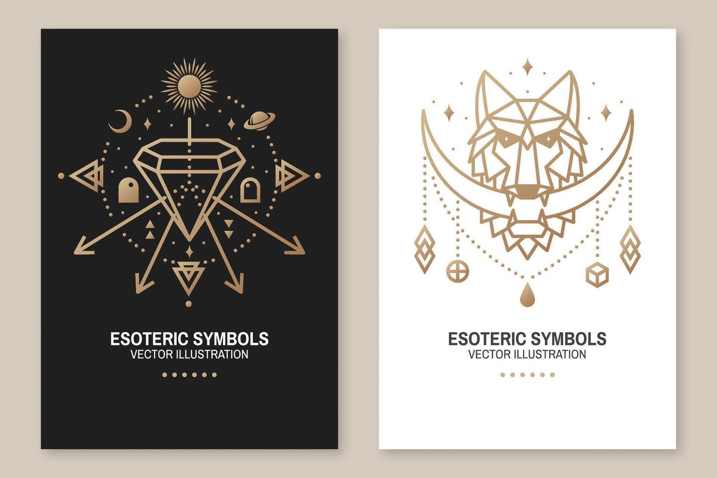 Esoteric symbols, poster, flyer. Vector. Thin line geometric badge. Outline icon for alchemy or sacred geometry. Mystic and magic design with wolf, stars, planets, crystal and moon. vector