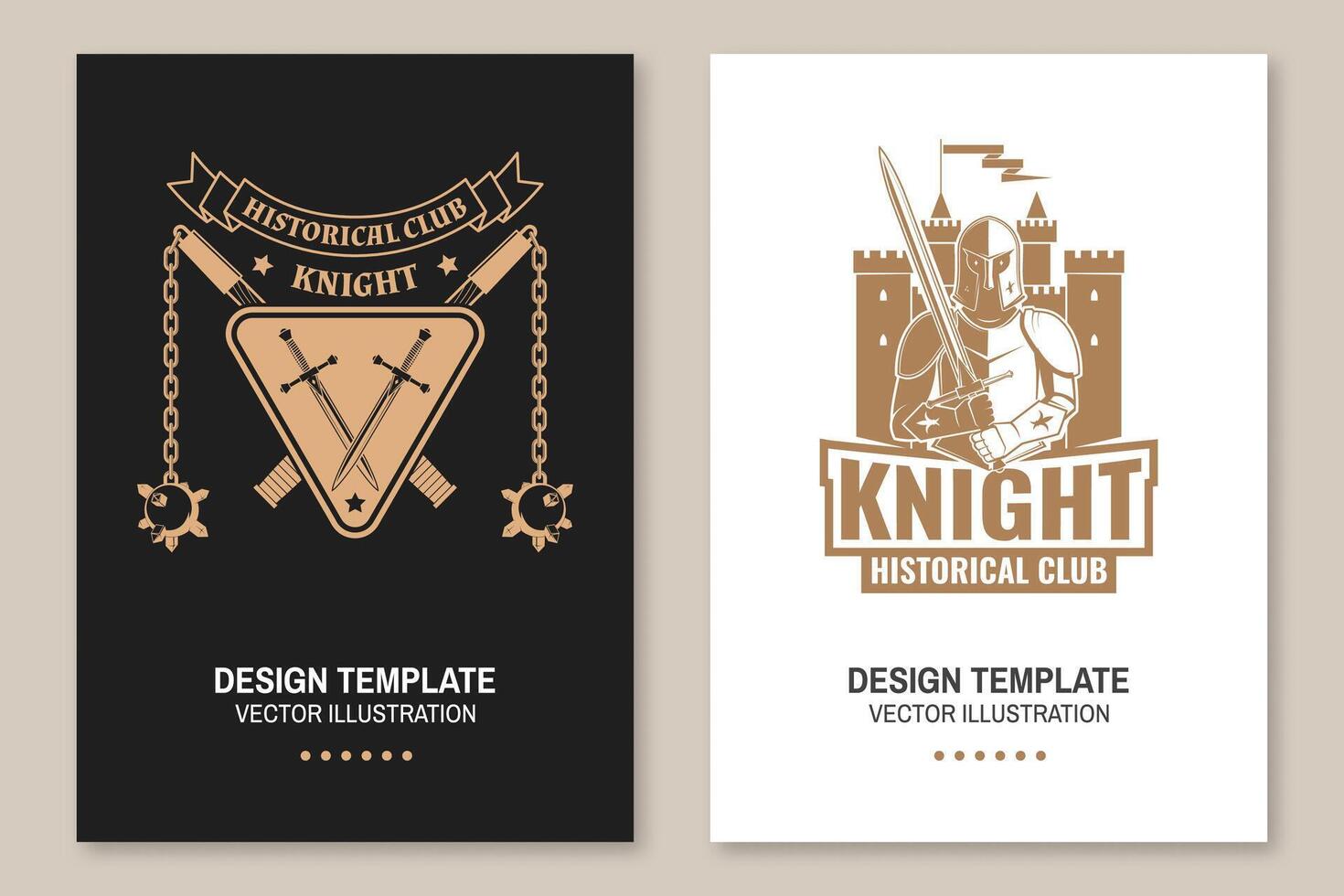 Medieval knight historical club flyer, brochure, banner, poster Vector Concept for shirt, print, stamp, overlay or template. Vintage typography design with battle axe, flail, knight and sword