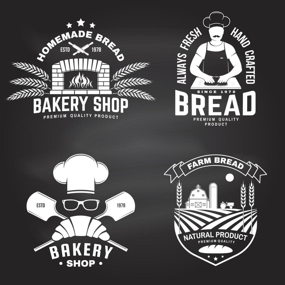 conjunto de panadería insignia. vector concepto para insignia, camisa, etiqueta, imprimir, sello o tee. tipografía diseño con hombre haciendo masa silueta. modelo para restaurante identidad objetos, embalaje y menú