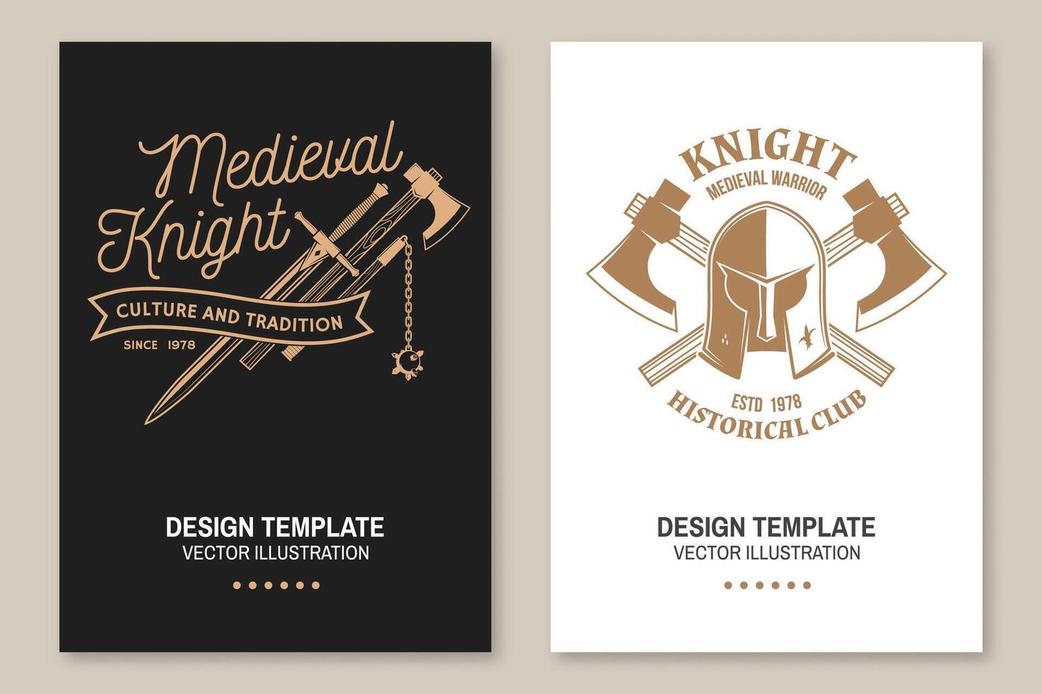 Medieval knight historical club flyer, brochure, banner, poster Vector Concept for shirt, print, stamp, overlay or template. Vintage typography design with battle axe, flail, knight helmet and sword