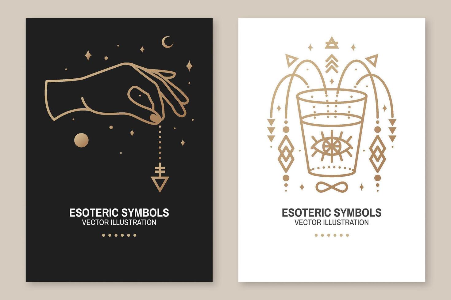 Esoteric symbols, poster, flyer. Vector. Thin line geometric badge. Outline icon for alchemy or sacred geometry. Mystic and magic design with hand, stars, planets, moon, all-seeing eye and glass vector