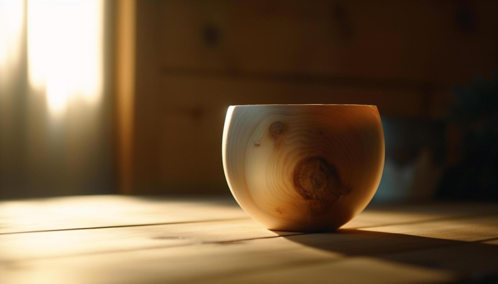 ai generado de madera mesa con un soltero cerámica cuenco y café taza generado por ai foto