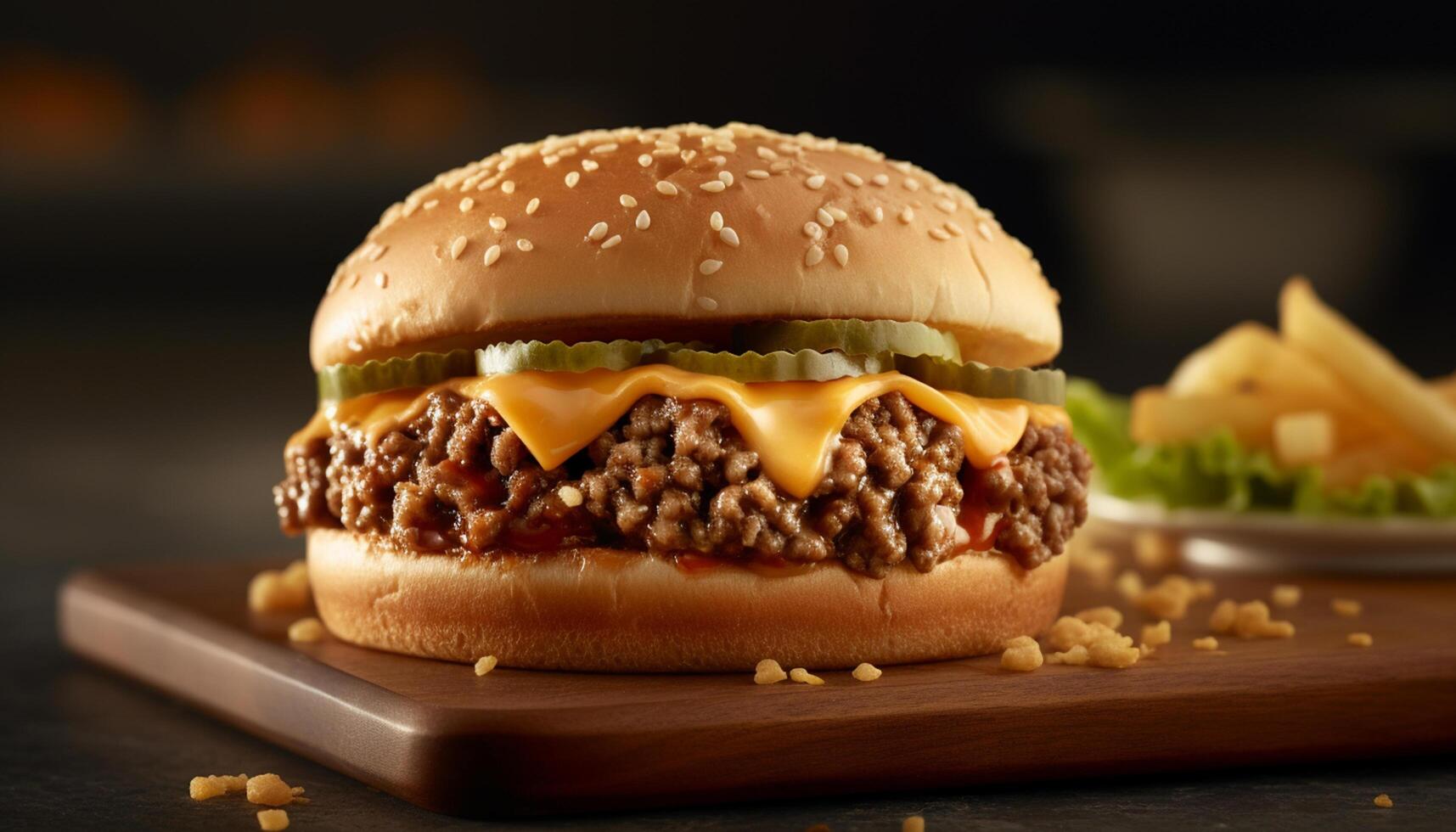AI generated Gourmet grilled burger on wooden table, with fresh tomato and cheese generated by AI photo