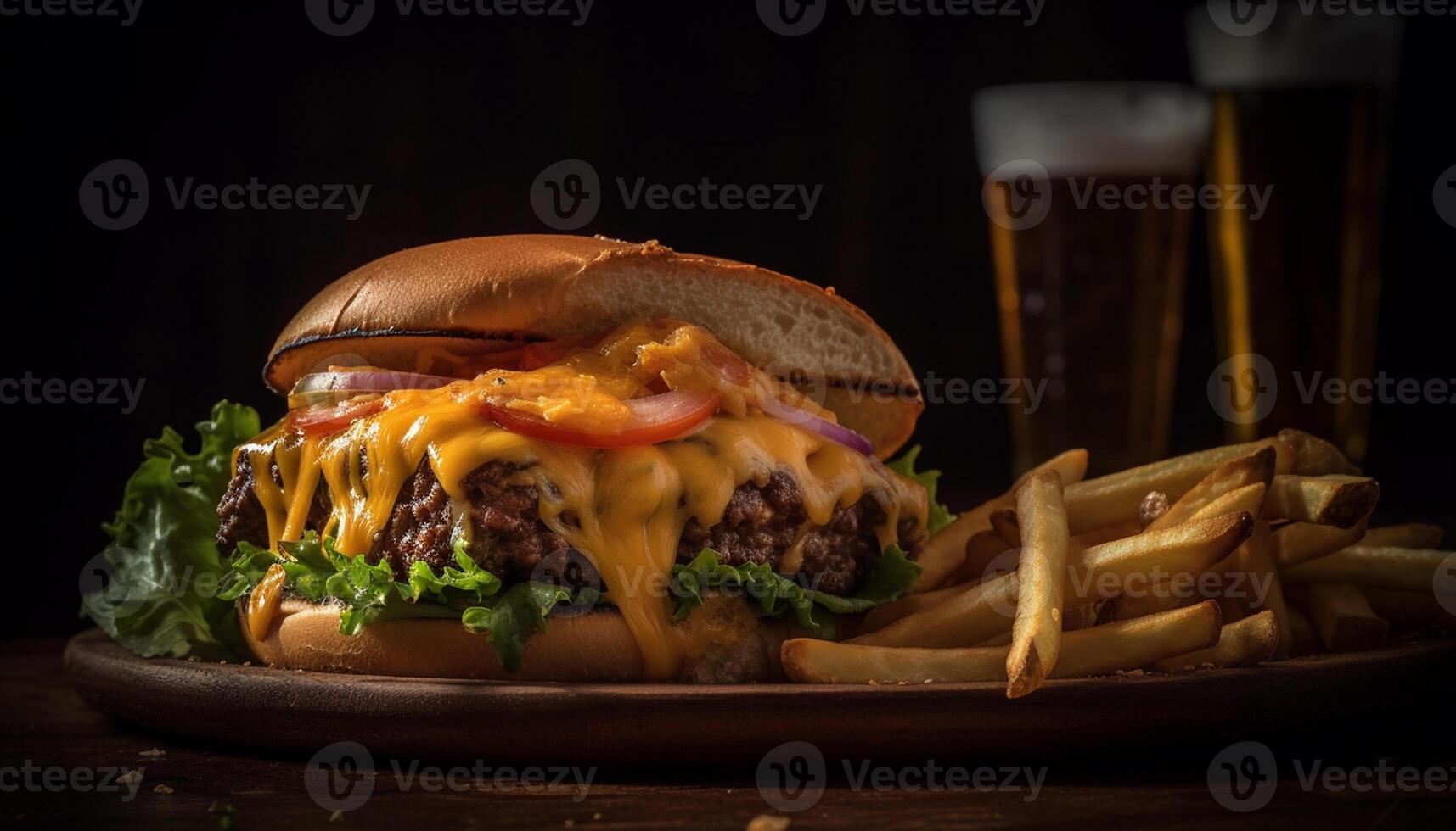 AI generated Grilled meat, burger, fries, cheese, tomato, onion, bread, table, pub generated by AI photo
