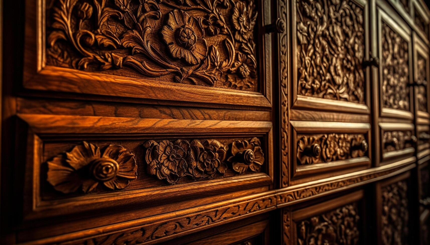 ai generado de madera puerta con florido manejar, antiguo diseño, y elegante decoración generado por ai foto