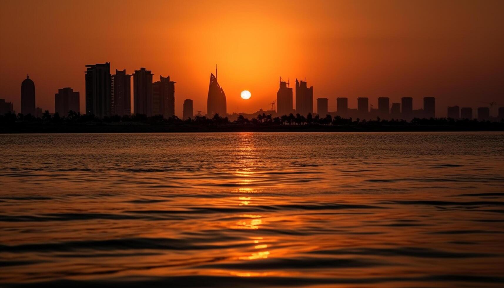 AI generated Silhouette of skyscrapers against a sunset skyline, reflecting in water generated by AI photo