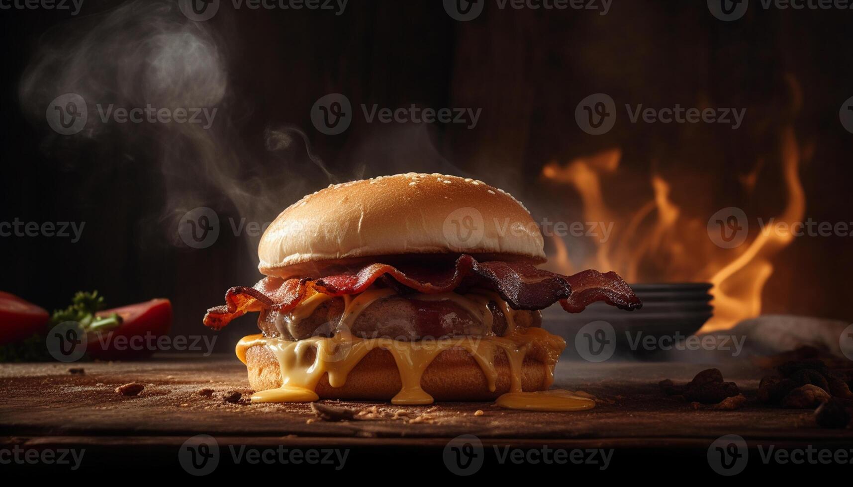 ai generado A la parrilla carne de vaca hamburguesa en de madera mesa, un gastrónomo comida generado por ai foto