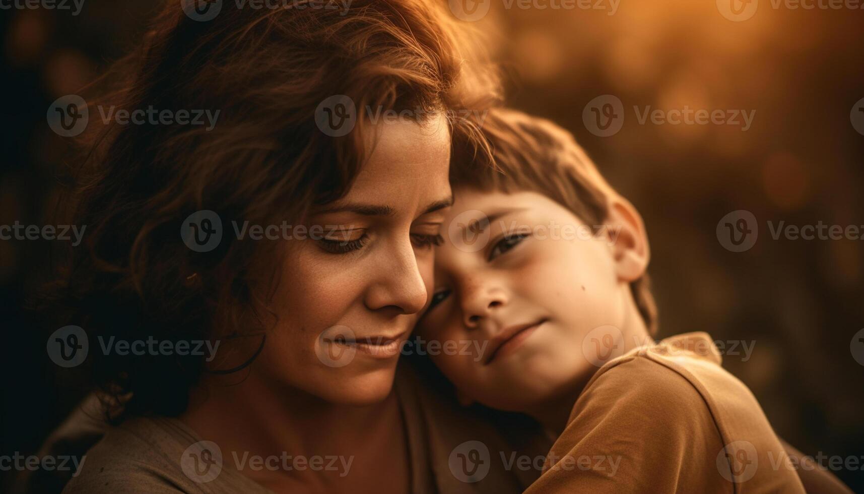 AI generated Smiling child embraces mother, radiating love and happiness outdoors generated by AI photo