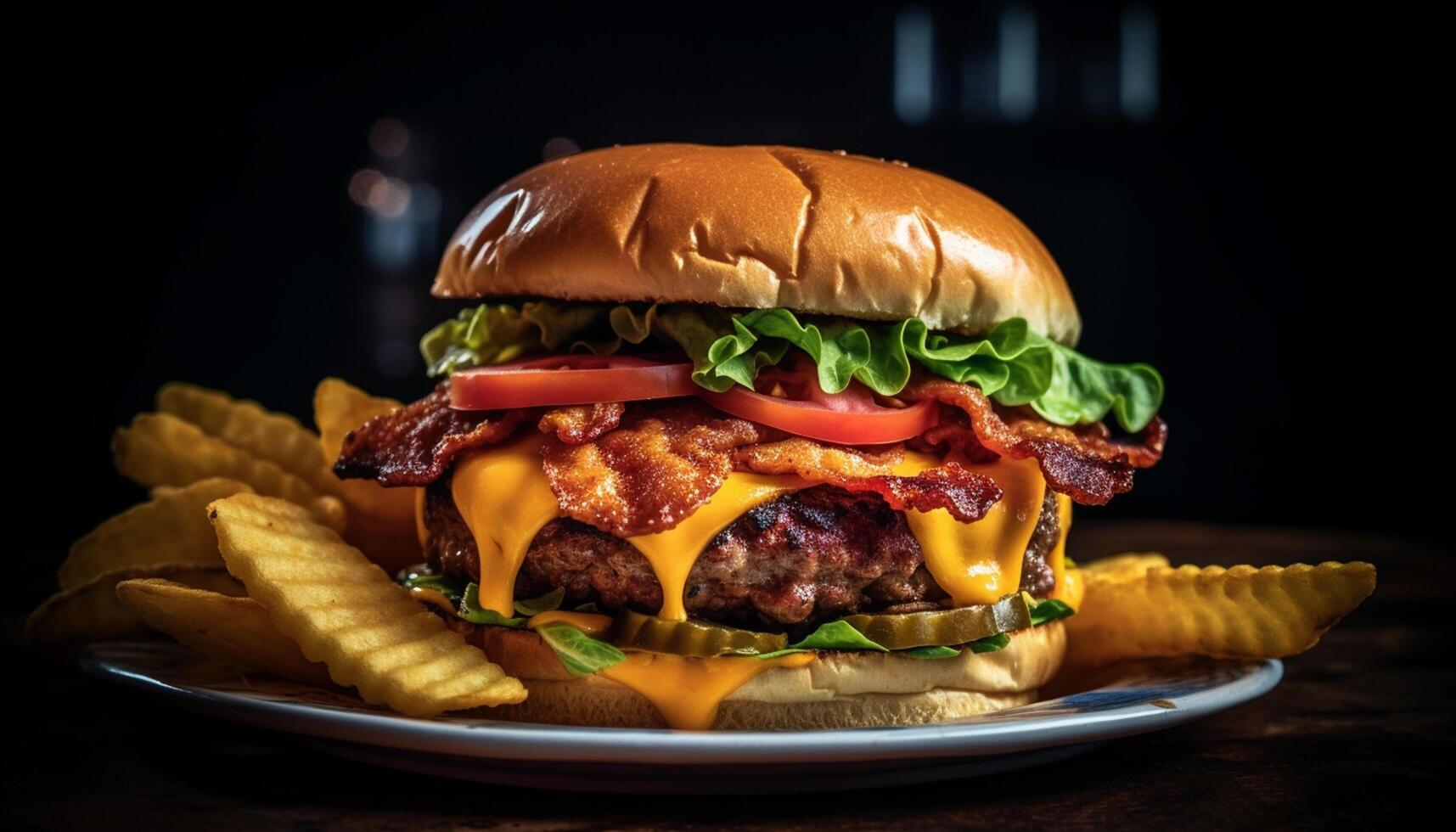 AI generated Grilled gourmet burger with cheese, tomato, and French fries meal generated by AI photo