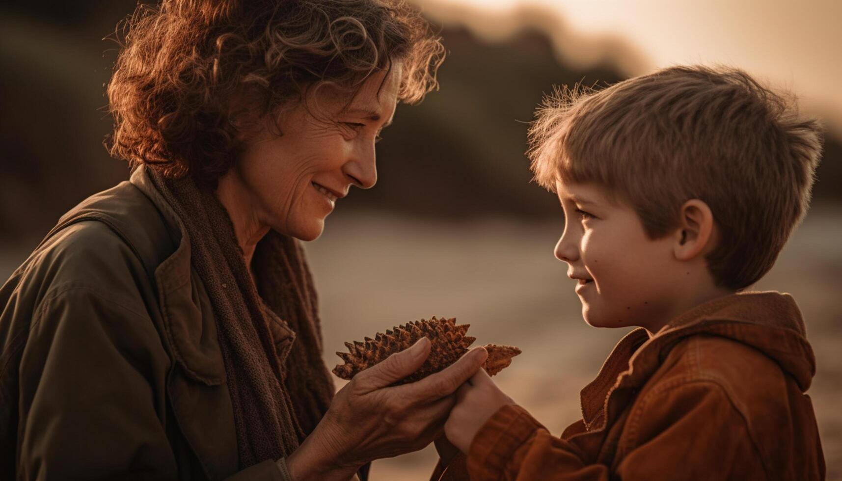 AI generated Two boys playing outdoors, smiling, enjoying the autumn sunset together generated by AI photo