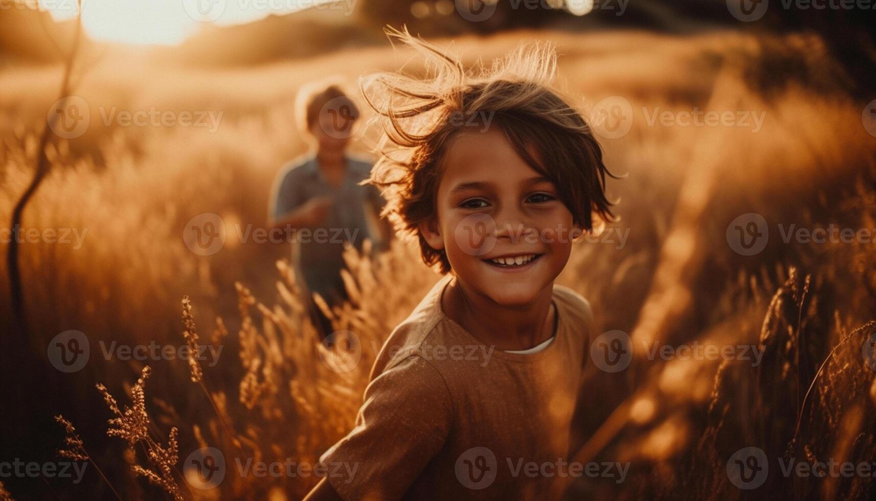 AI generated Smiling child enjoys nature, sunset, and carefree family bonding outdoors generated by AI photo