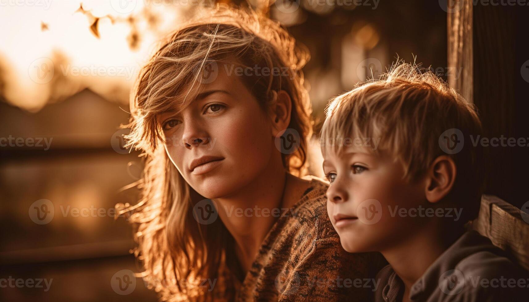 AI generated Two cute Caucasian boys smiling, embracing, enjoying nature sunset together generated by AI photo