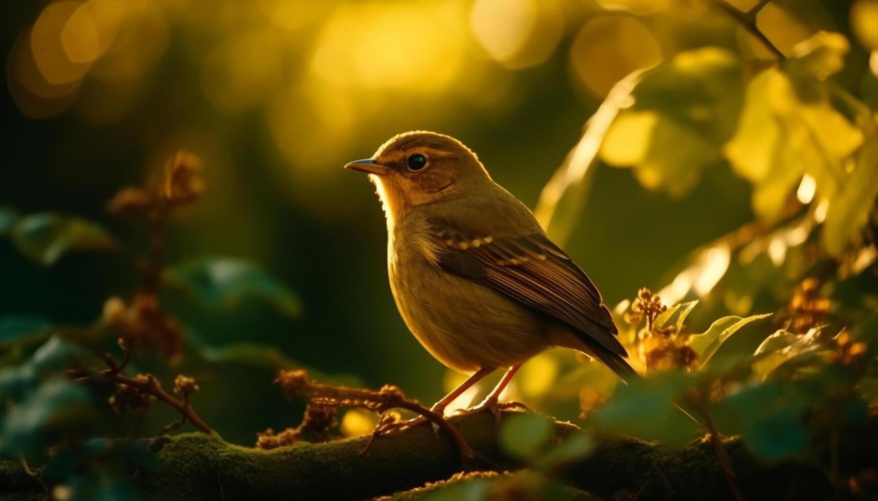 ai generado un pequeño amarillo pájaro cantor encaramado en un rama, canto en naturaleza generado por ai foto