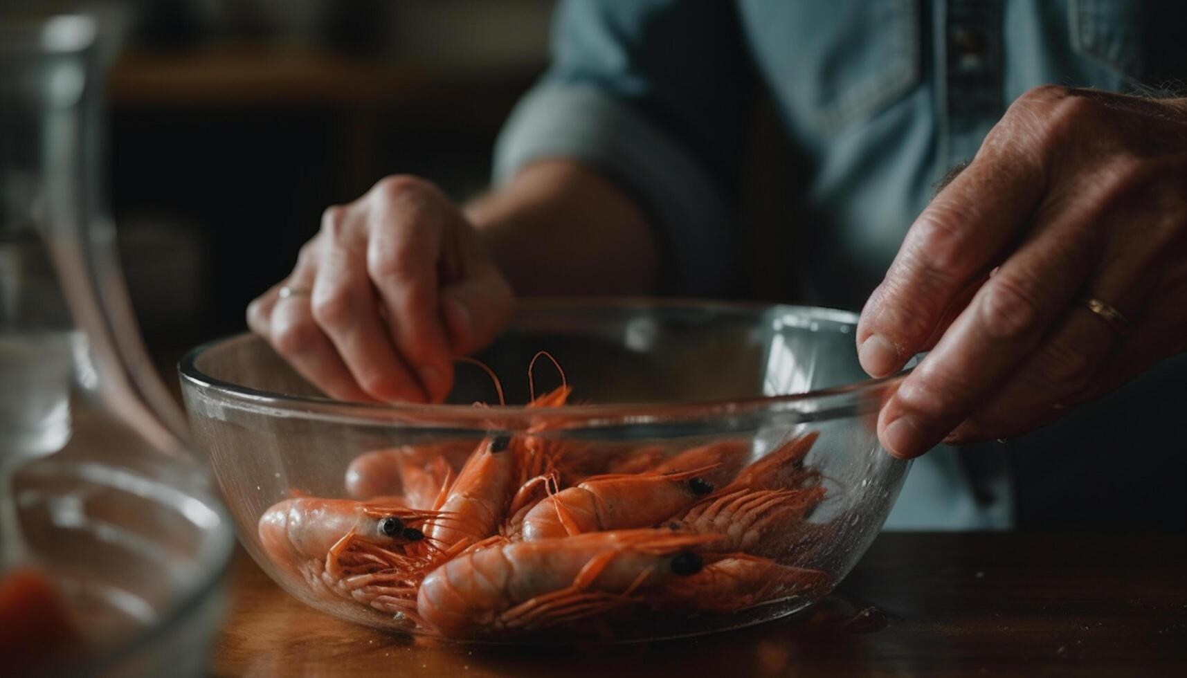 AI generated A man hand holding a fresh seafood bowl in the kitchen generated by AI photo