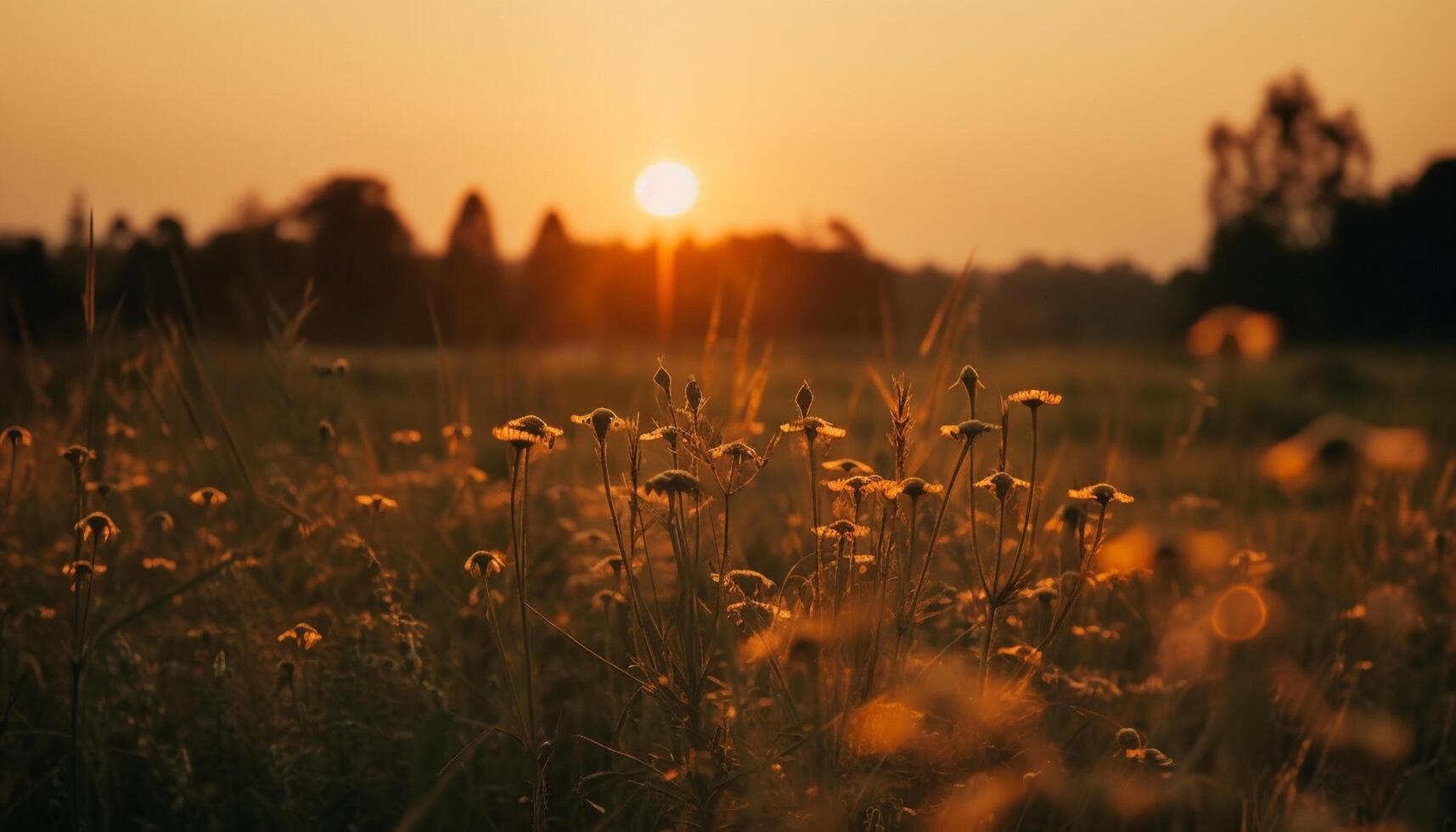 ai generado puesta de sol terminado un prado, naturaleza belleza en un verano paisaje generado por ai foto