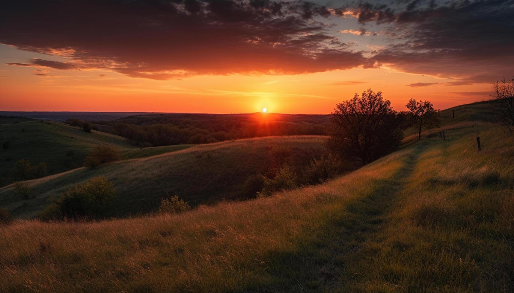 ai generado vibrante puesta de sol pinturas tranquilo paisaje, naturaleza belleza terminado rural prado generado por ai foto