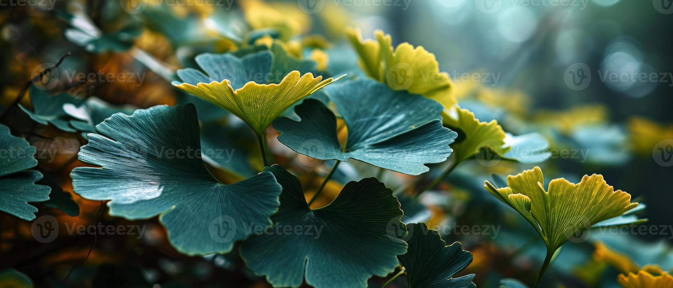 AI generated Ginkgo Biloba leaves adorned with dewdrops, basking in soft, dappled sunlight photo