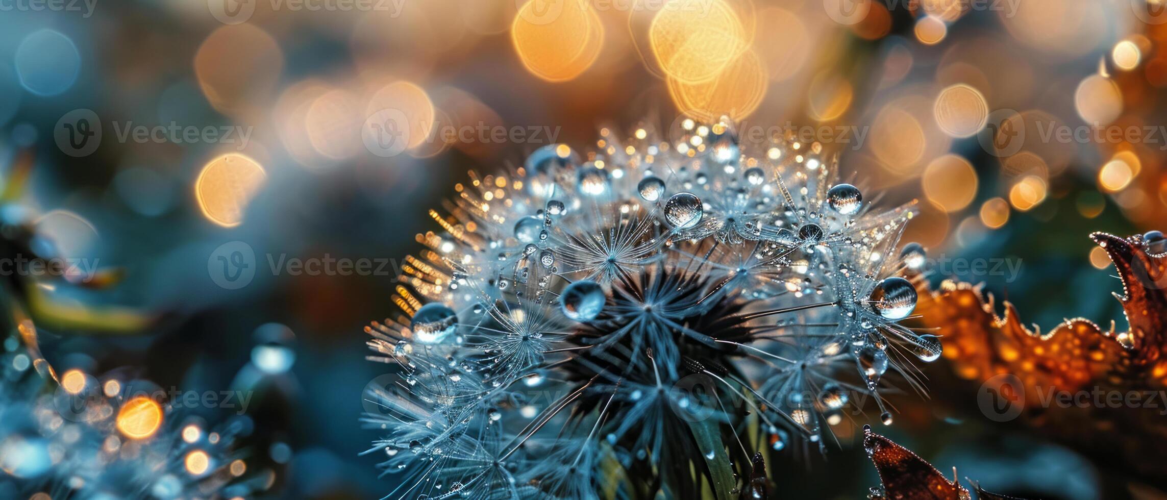 AI generated Macro photography of dandelion seeds with glistening water droplets, showcasing nature's intricate beauty and patterns photo