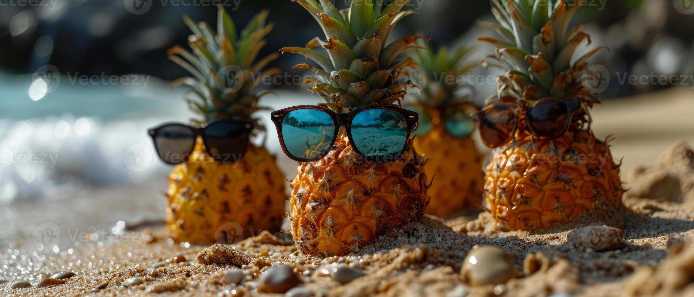 ai generado piñas con Gafas de sol disfrutando un playa día foto