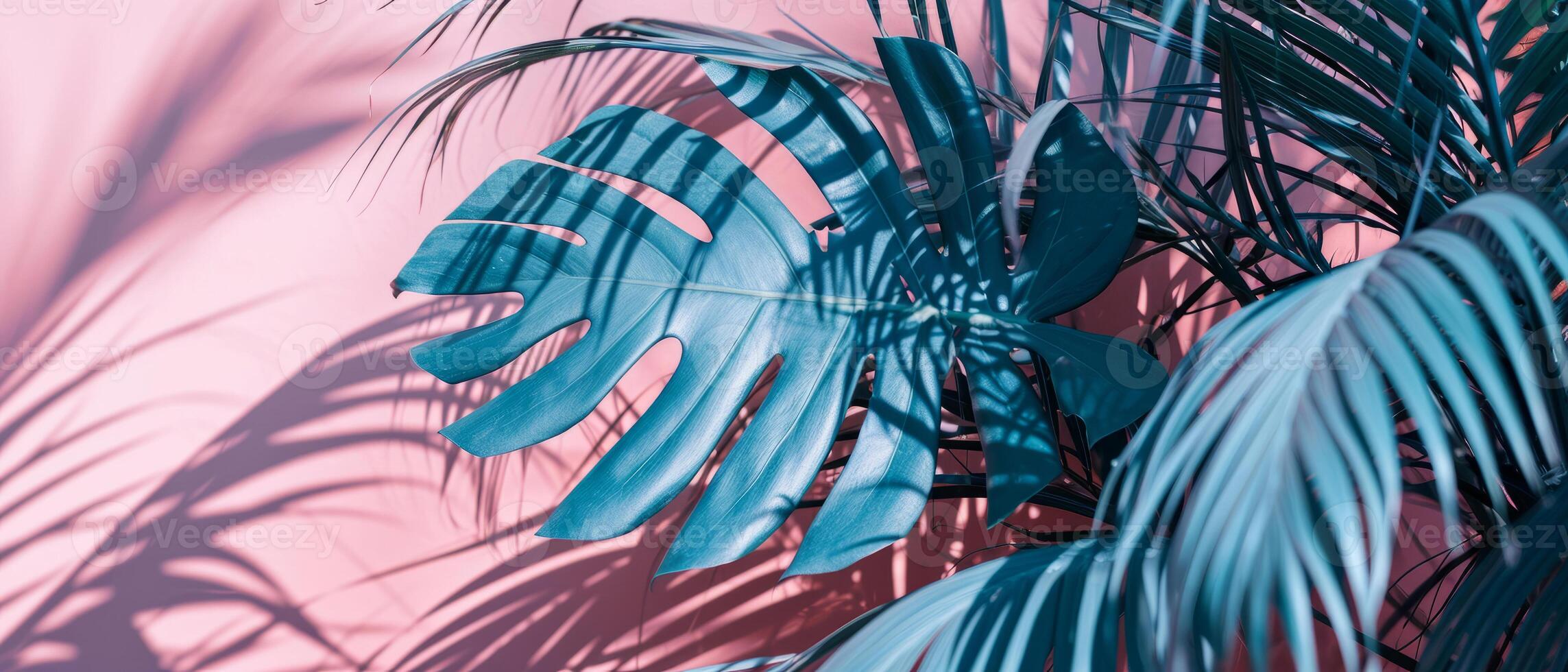 AI generated Teal-colored palm leaves artfully contrast against a pink background for a tropical feel photo