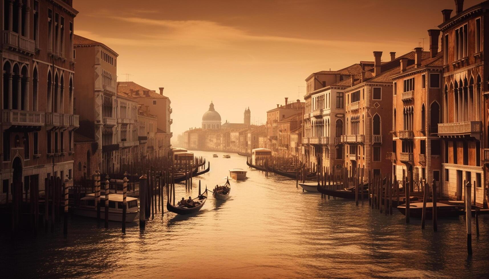 AI generated Sunset over the Venetian canal, a majestic cityscape illuminated at dusk generated by AI photo